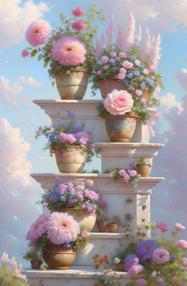 White Staircase with Pink and White Flowers Under Cloudy Sky