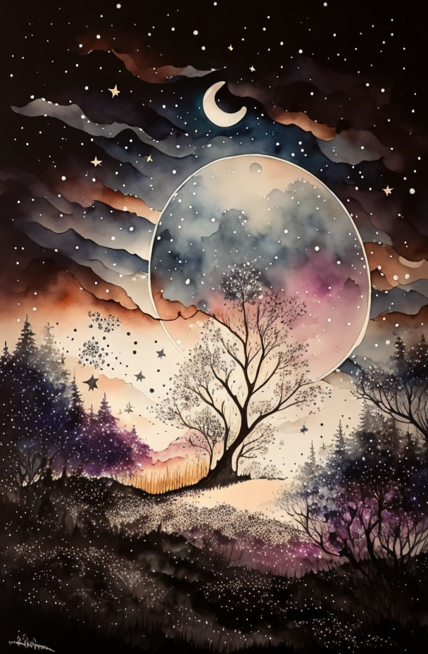 Night Sky Watercolor Painting with Stars, Crescent Moon, and Trees