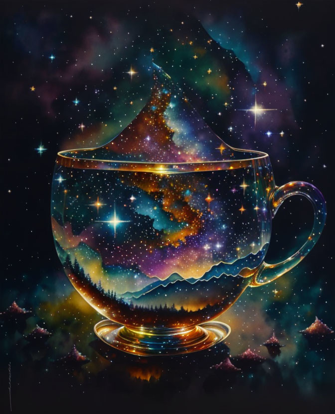 Transparent teacup with cosmic scene: stars, nebulae, and mountain silhouettes.