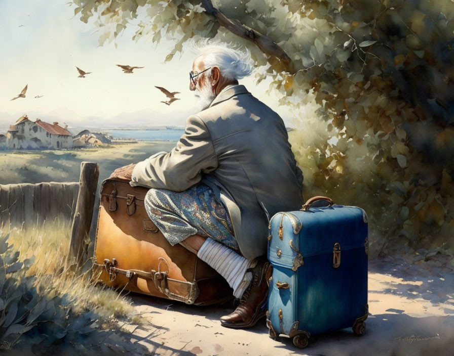 Elderly man on suitcase gazes at serene landscape with birds and village