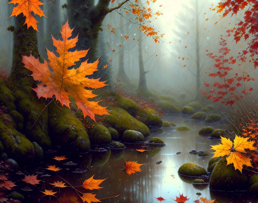 Tranquil Autumn Forest with Orange Leaves and Misty Background