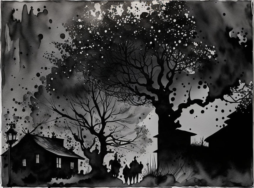 Monochromatic watercolor painting of silhouetted trees, house, and figures with splattered