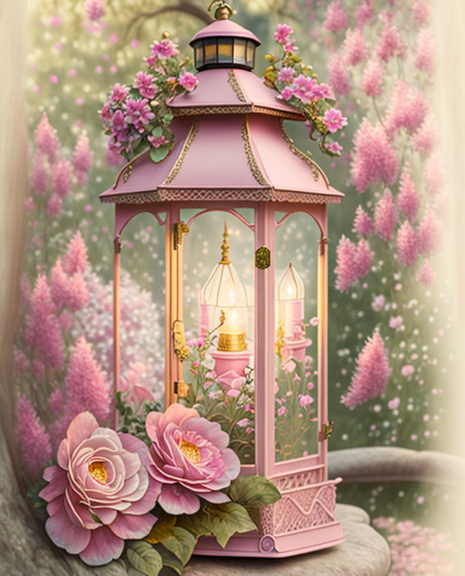 Illustration of large ornate pink lantern with blooming flowers and falling petals