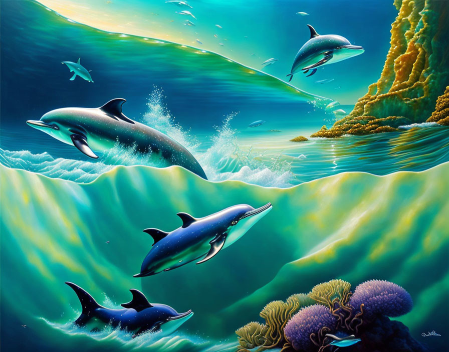 Colorful underwater scene: Four dolphins near coral reef with sunlight filtering