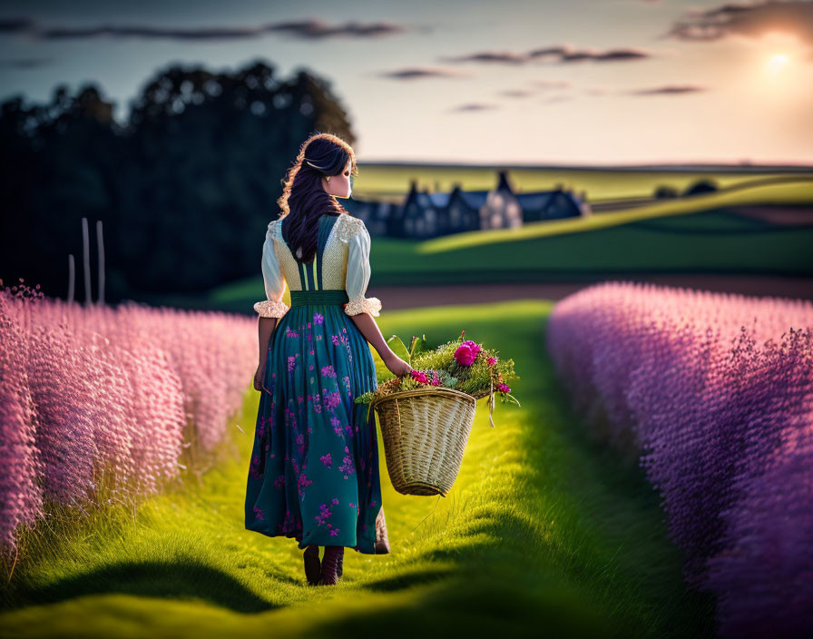 Woman in traditional dress strolling in lavender field at sunset