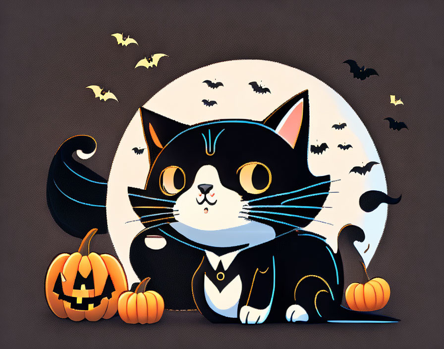 Black and white cartoon cat in tuxedo under full moon with bats and pumpkins