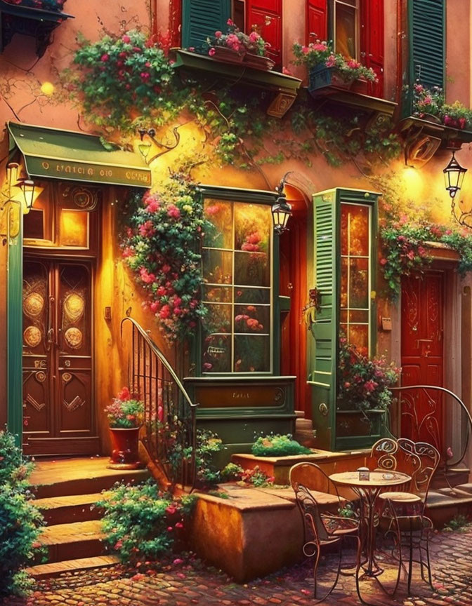 Colorful Street Corner with Vintage Doors & Sidewalk Cafe