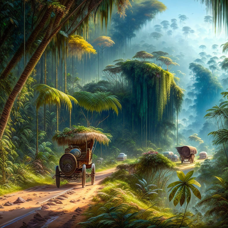 Tropical jungle scene with wooden cart, buffalo, and soft light.