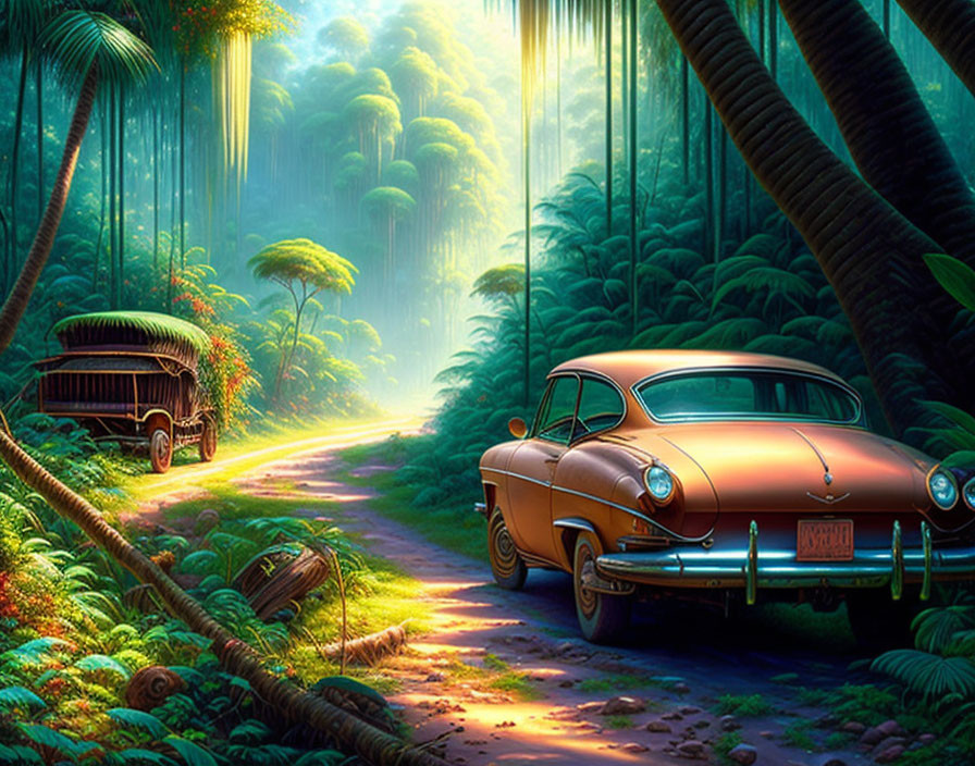 Vintage Car and Wooden Hut in Lush Jungle Setting with Sunlight Rays