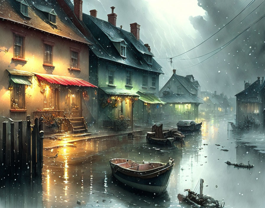 Rain-soaked cobblestone street with illuminated shopfronts and boats on flooded road