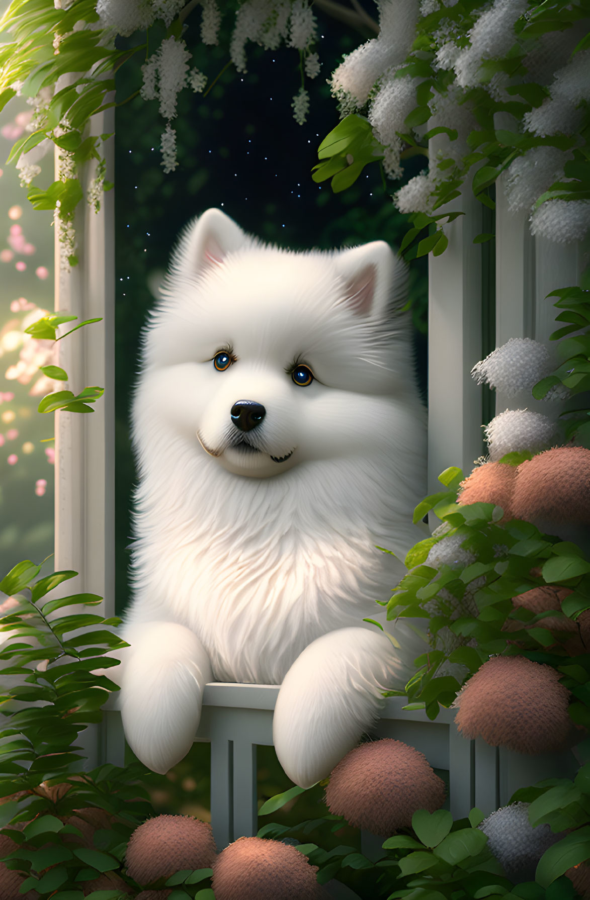 Fluffy white dog with blue eyes on porch under starry night sky