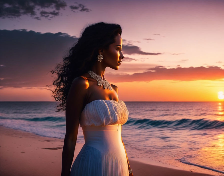 Woman in White Dress with Jewelry on Beach at Sunset