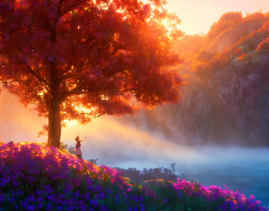 Tranquil river with orange tree, person, mist, and purple flowers