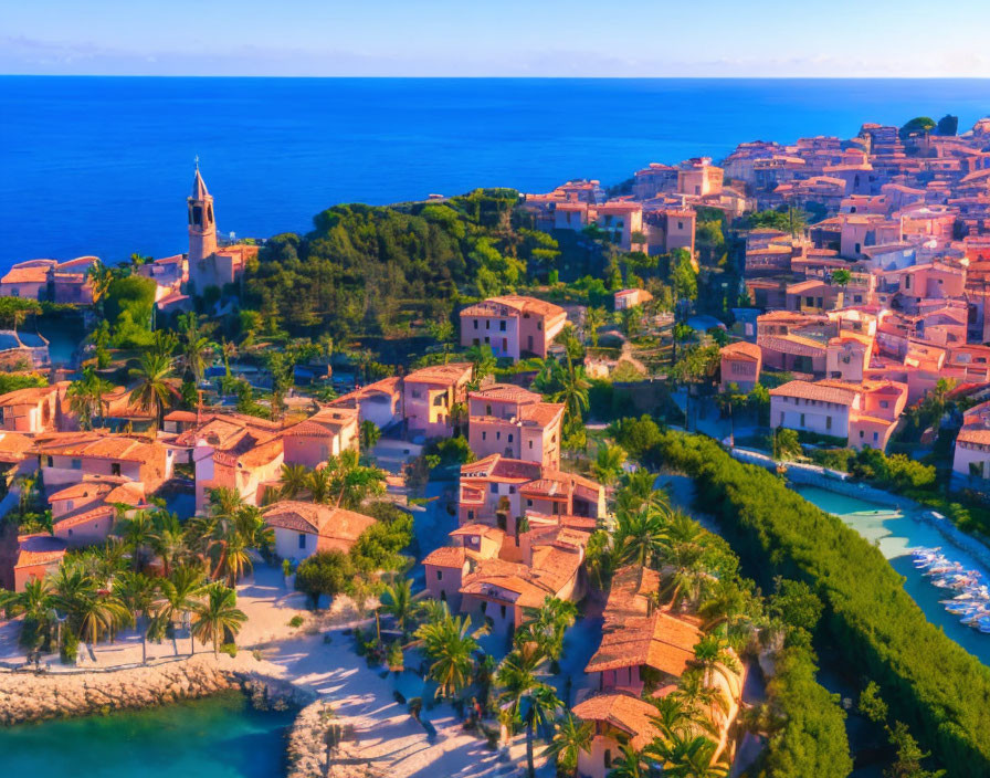 Coastal Town Aerial View: Terracotta Roofs, Church Spire, River,