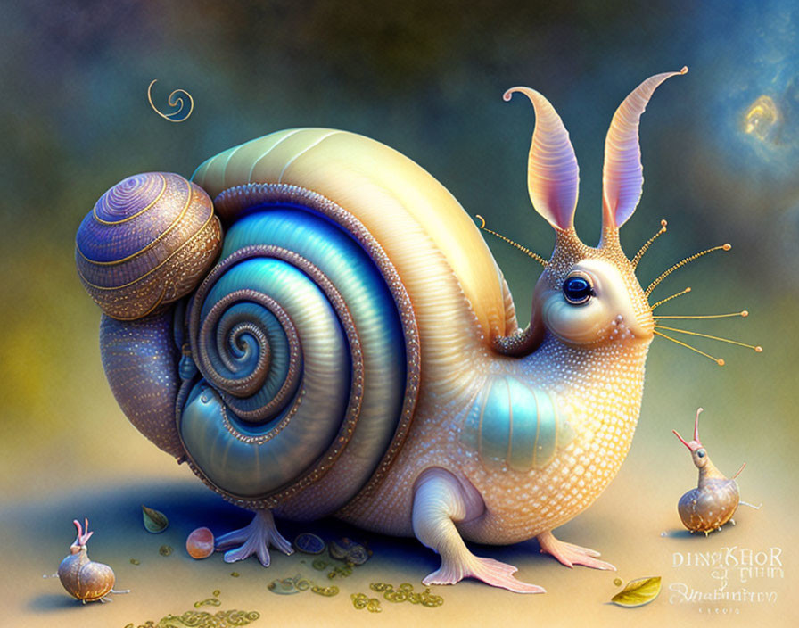 Whimsical snail with large ornate shell and small creatures in colorful illustration