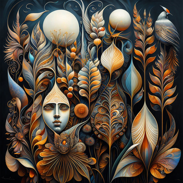 Stylized surreal artwork featuring female figure, ornate florals, feathers, moons, and bird