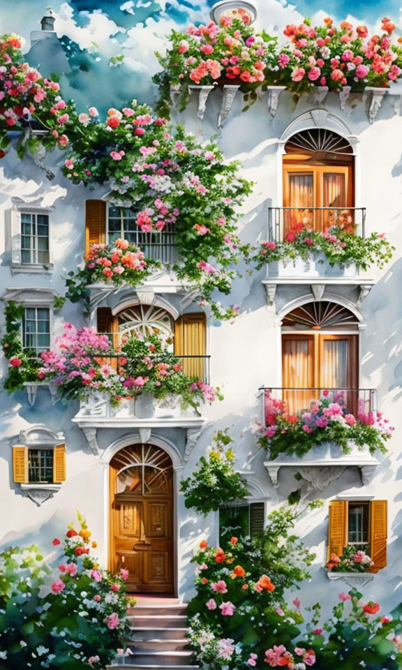 White Building with Vibrant Flower-Adorned Balconies under Cloudy Sky