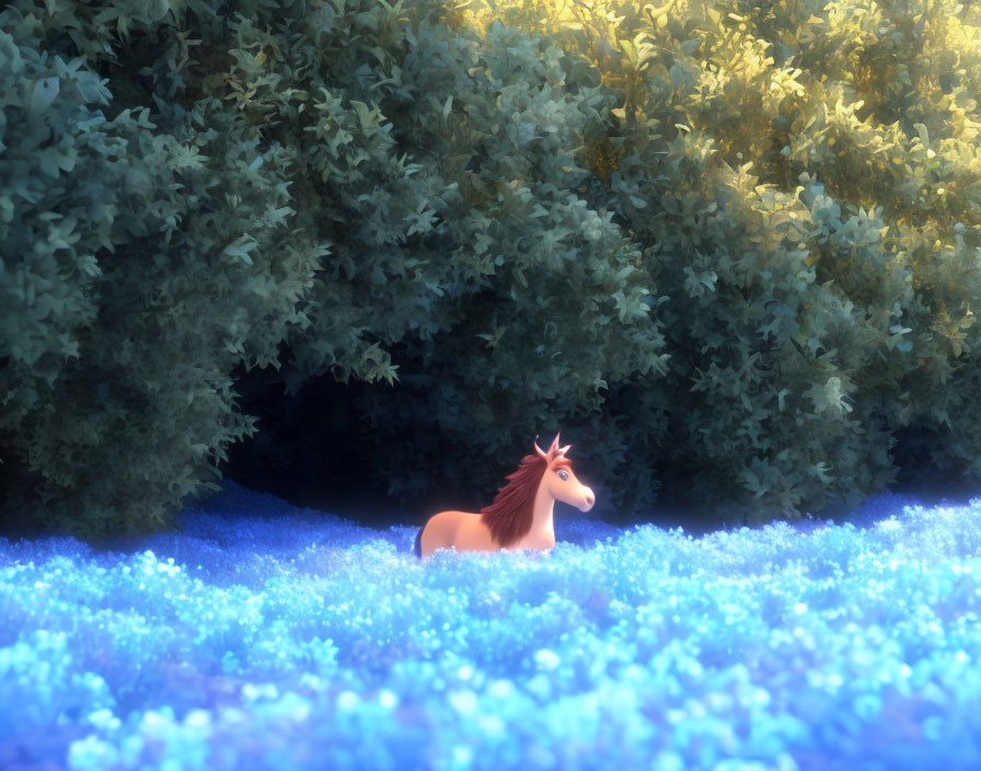 Whimsical cartoon horse in magical field with glowing blue flowers