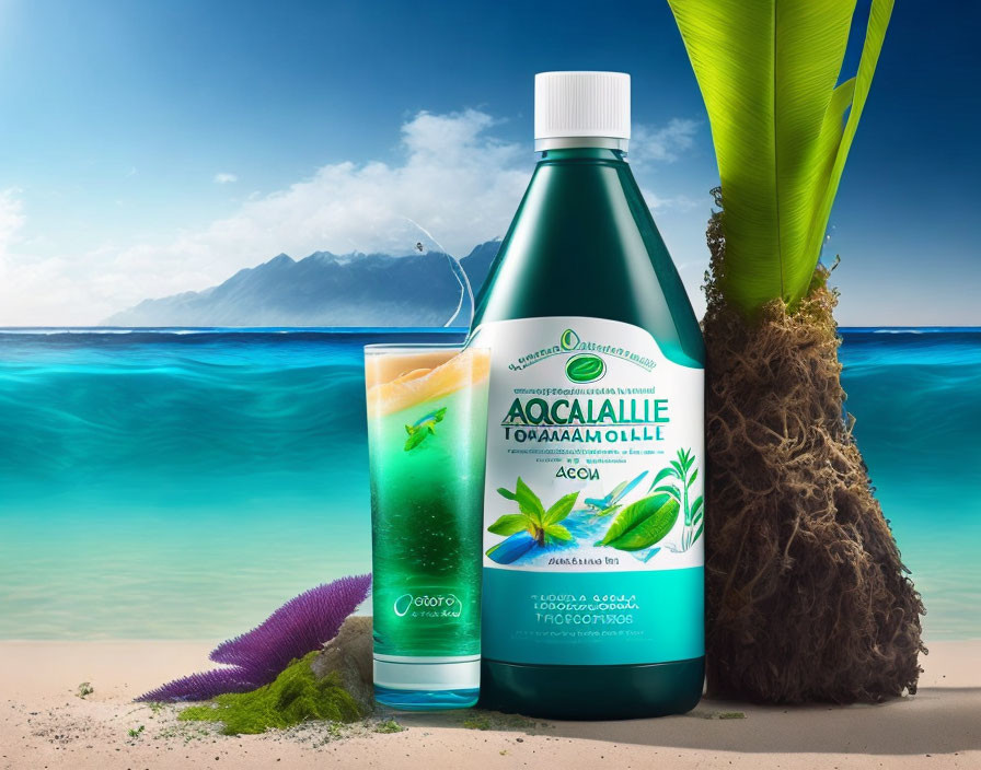 Aloe Vera Juice and Glass on Tropical Beach with Palm Leaves and Starfish