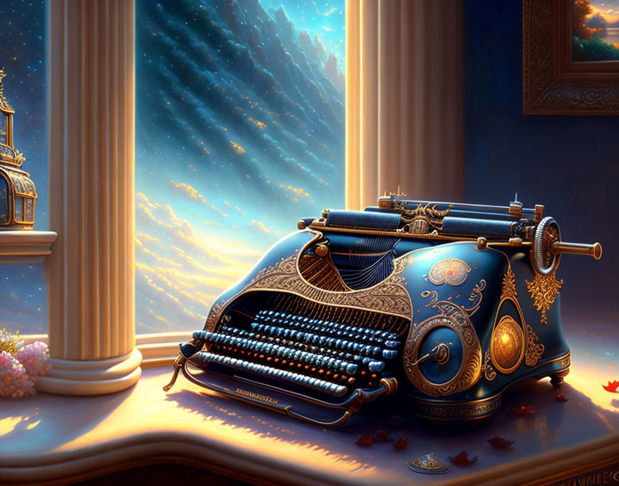 Vintage typewriter with gold designs on desk by classical columns under starry night sky