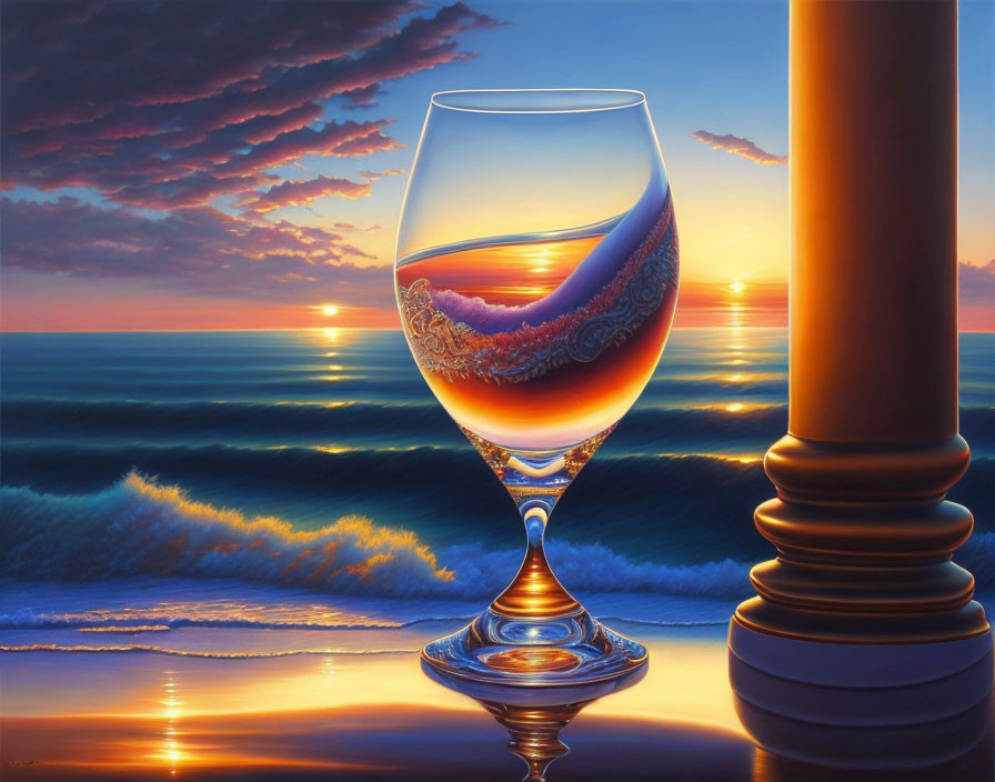 Vibrant sunset reflected in wine glass with sea view and classical column