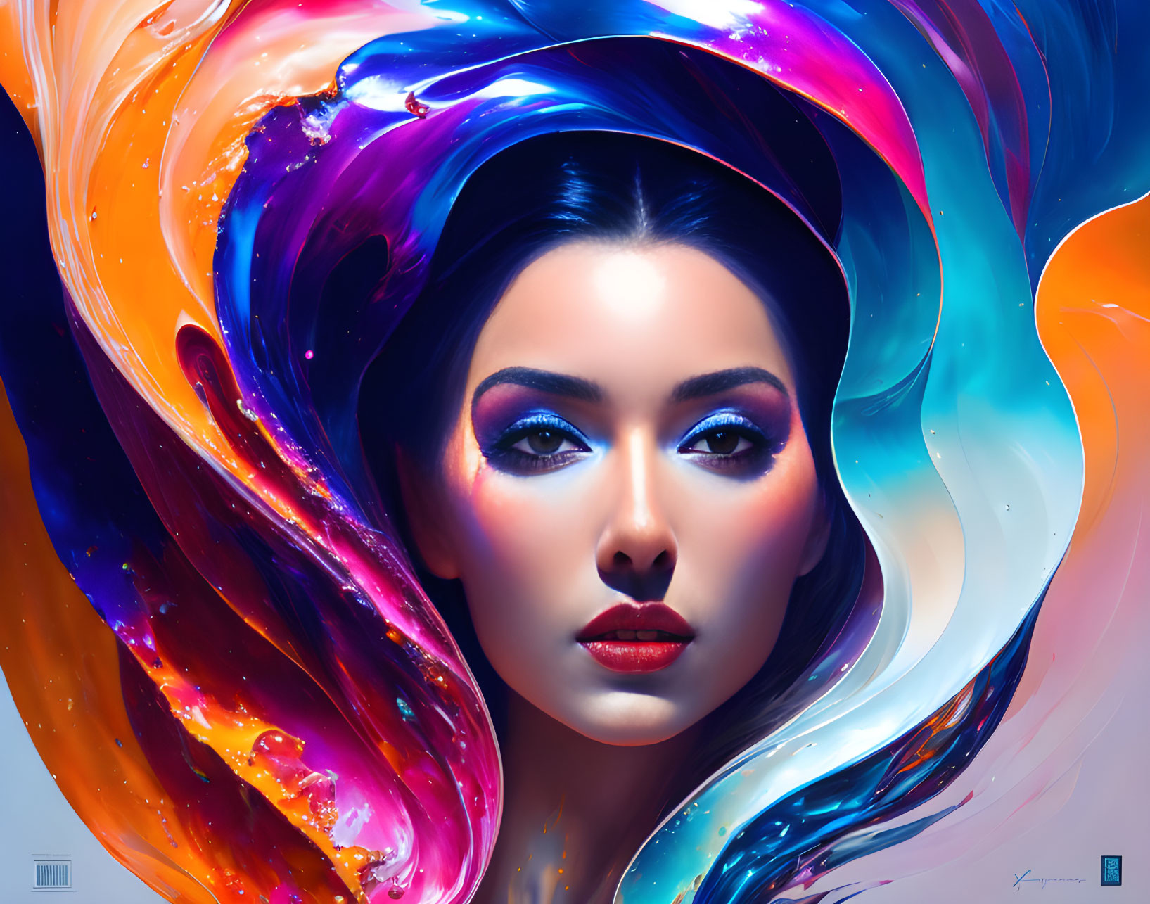 Vibrant digital artwork of woman with striking features