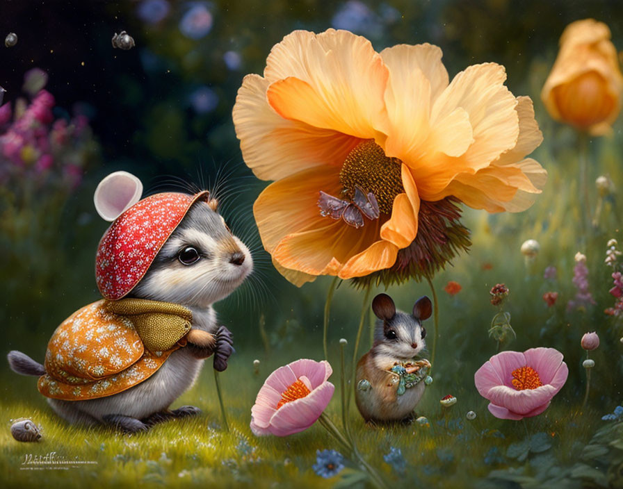 Whimsical anthropomorphic mouse with red bandana in flower-filled scene