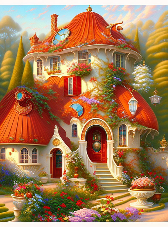 Enchanting fairytale house with vibrant flowers and whimsical architecture