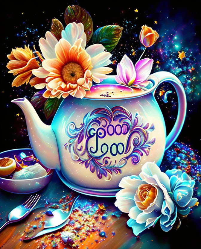 Colorful Flower Teapot and "Good" Cup with Glittery Saucer