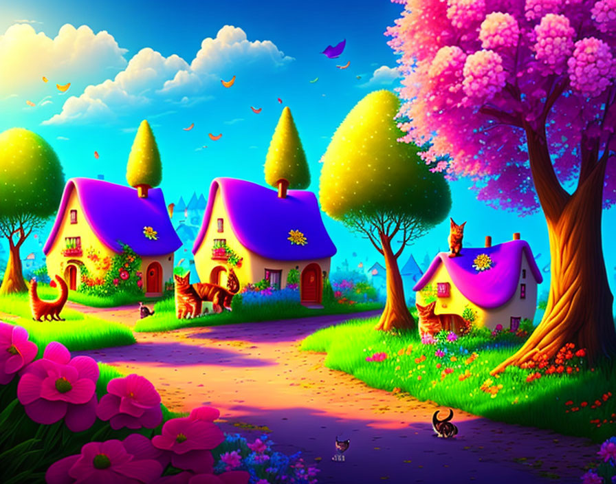 Vibrant fantasy landscape with whimsical cottages, trees, animals, and butterflies