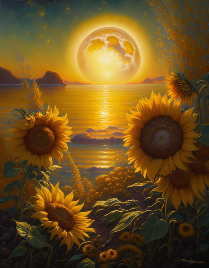 Sunflowers and moon over golden sea with cliffs under starry sky