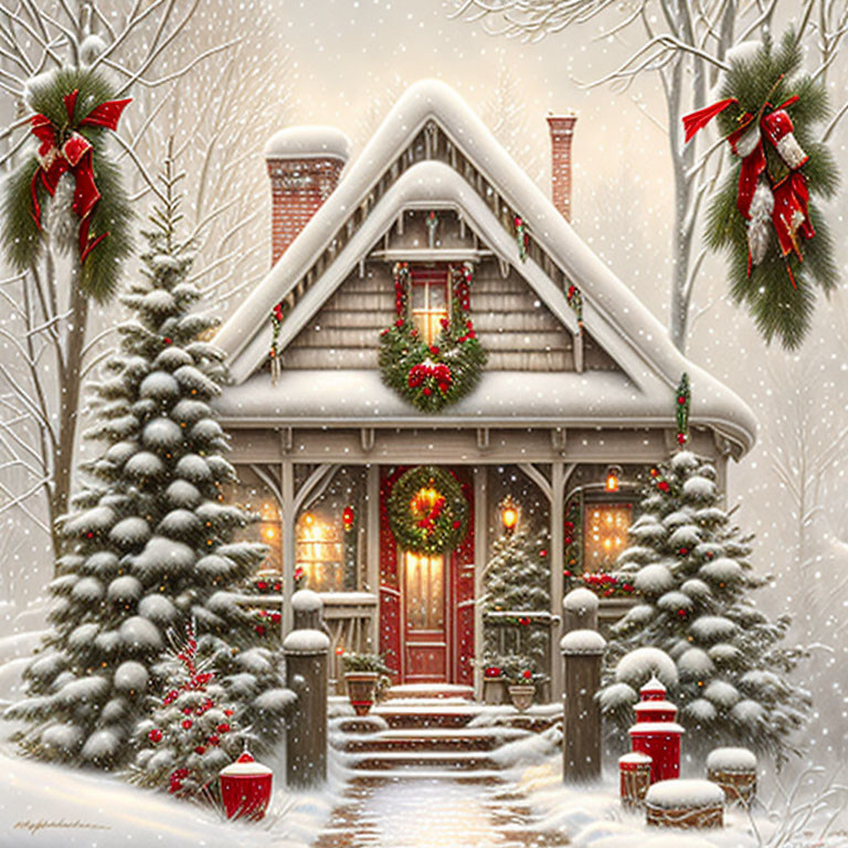 Cozy Christmas cottage with wreaths and snowfall