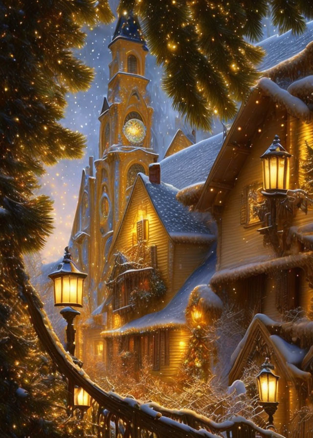 Snow-covered church with lit clock tower in twilight snowfall