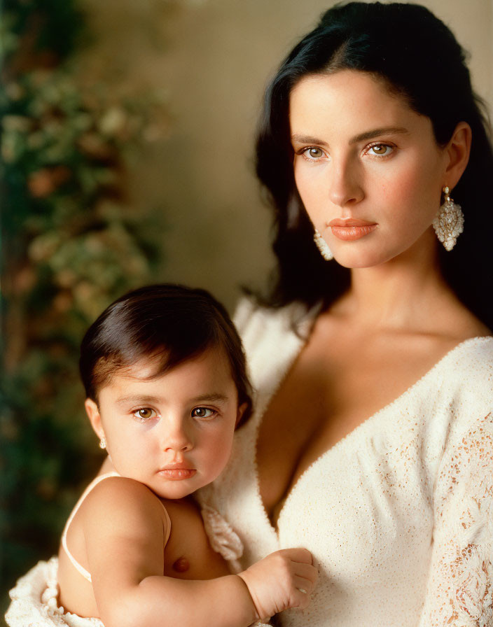 Dark-haired woman holding toddler against blurred background