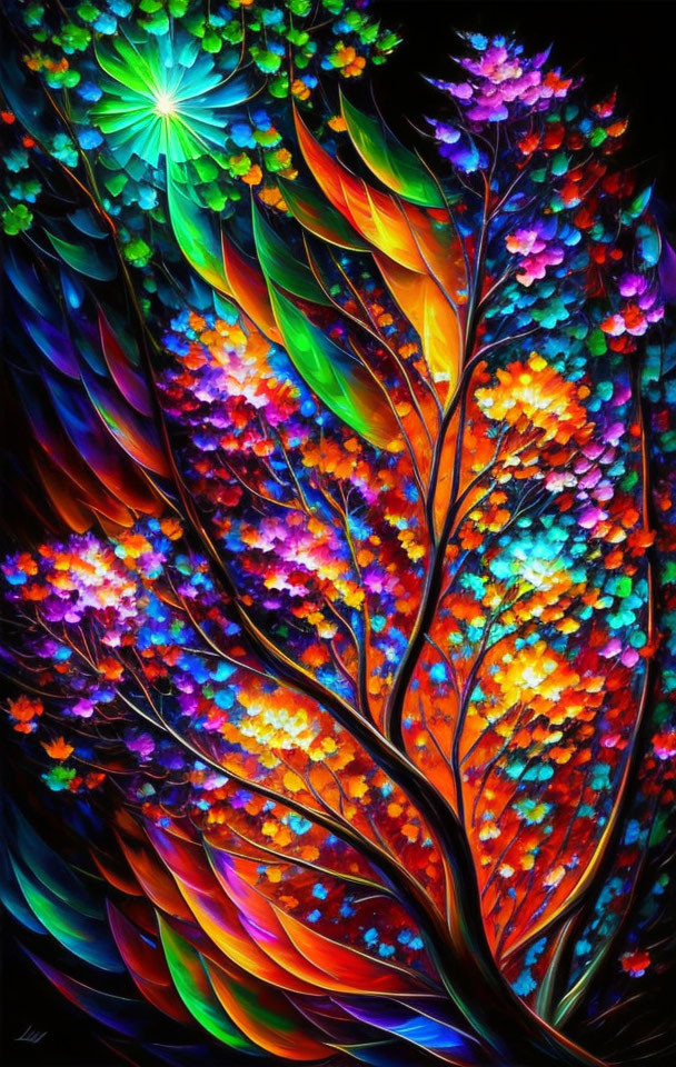 Colorful Tree Digital Painting on Black Background with Star-like Light