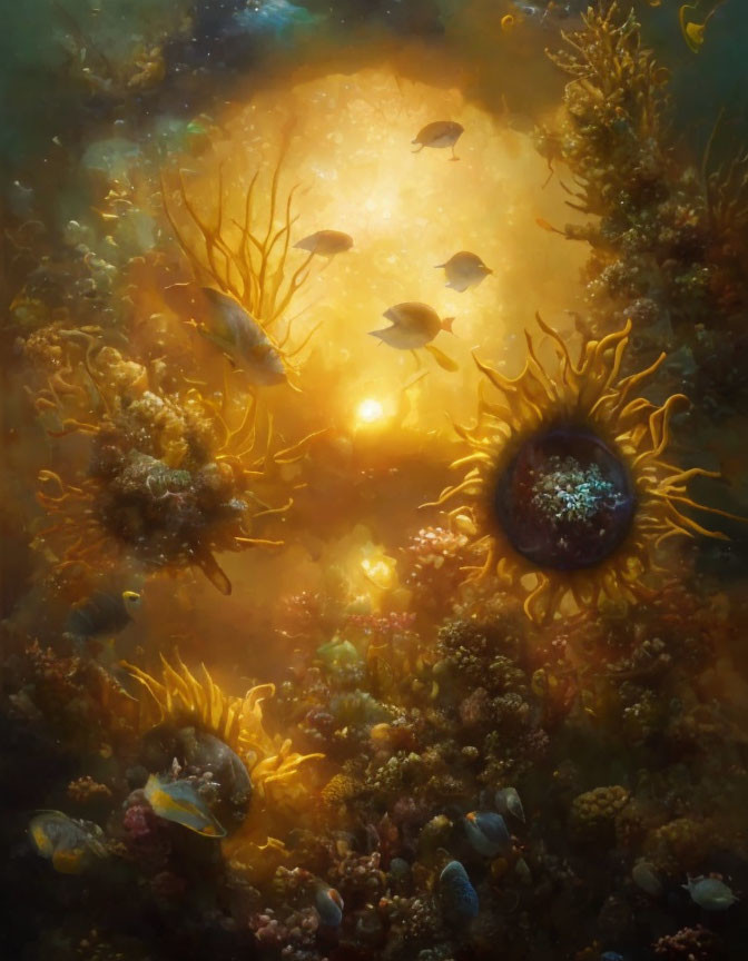 Vibrant underwater scene with fish, coral structures, and celestial backdrop.