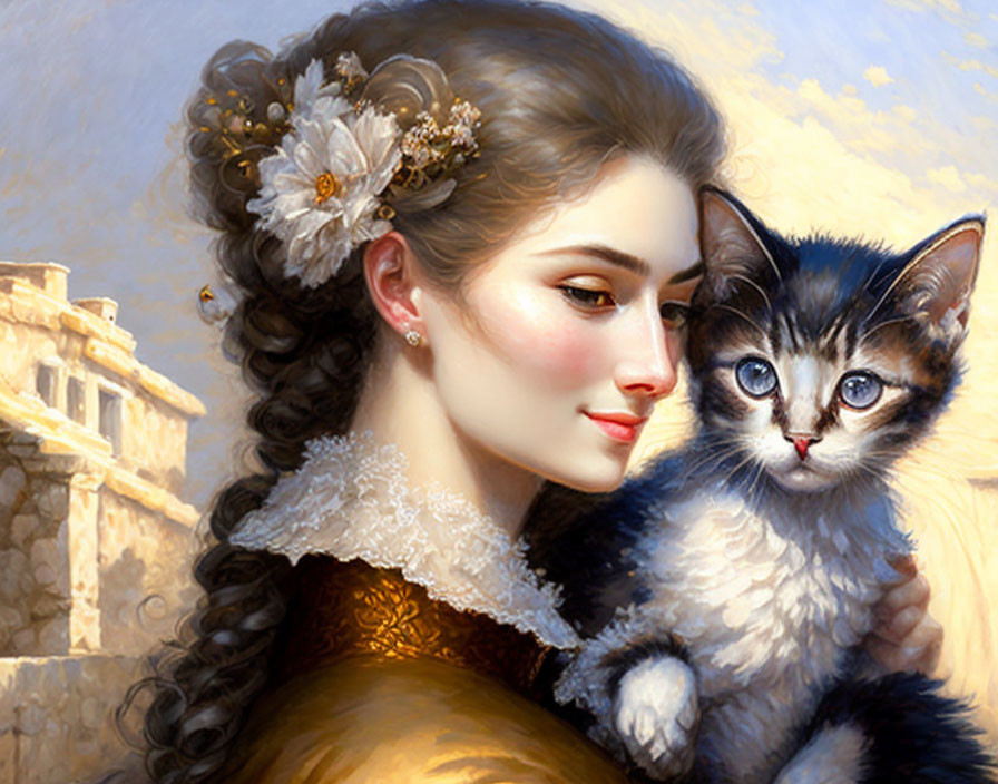 Vintage-dressed woman with kitten in historic setting