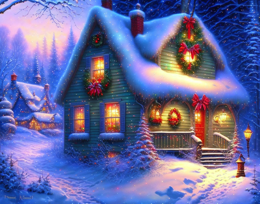 Snow-covered cottage with Christmas decorations in twilight