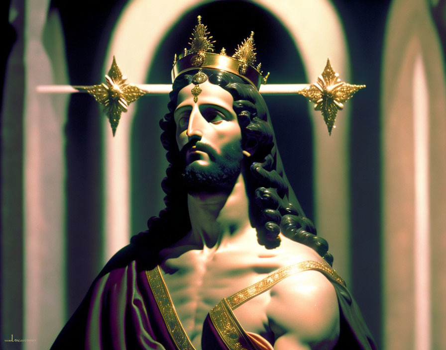 Statue of Jesus Christ in Crown and Purple Robes with Cruciform Halo