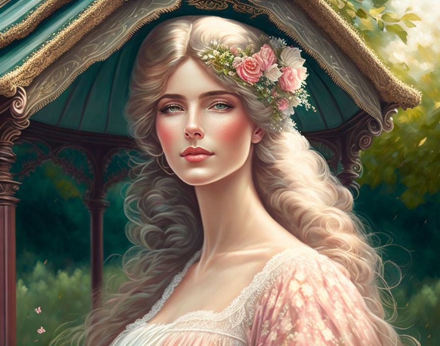 Illustrated woman with flowing hair in floral wreath under gazebo in lush garden