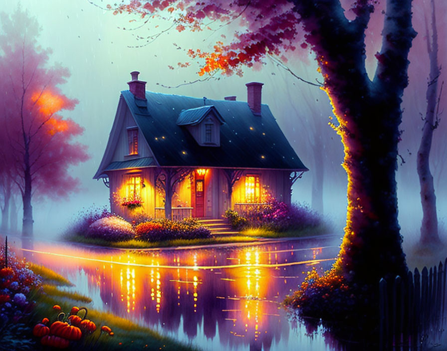 Cozy cottage at twilight reflected in pond amid autumn trees