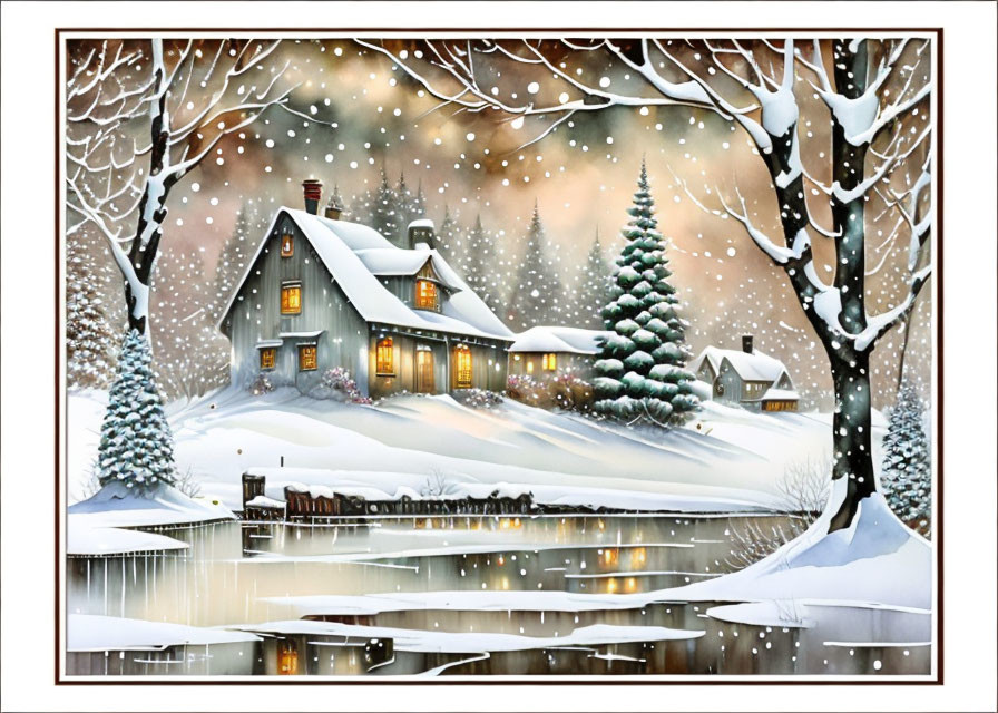 Snow-covered house, glowing windows, frozen lake, and falling snowflakes in cozy winter scene