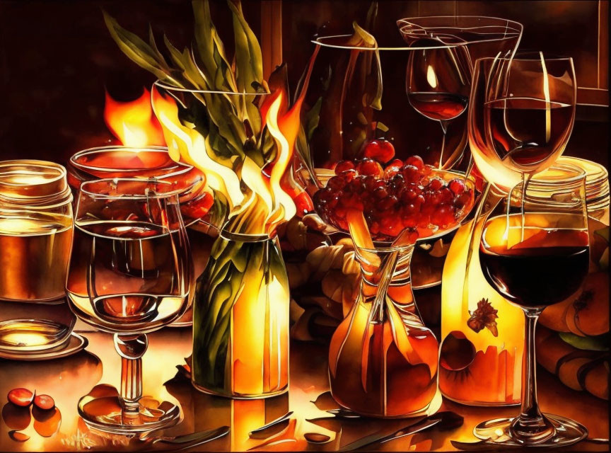 Colorful Still-Life Painting with Wine Glasses, Candles, Grapes, and Reflections