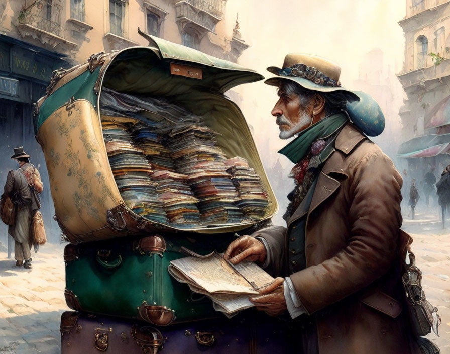 Elderly gentleman in 19th-century setting with paper and suitcases full of books