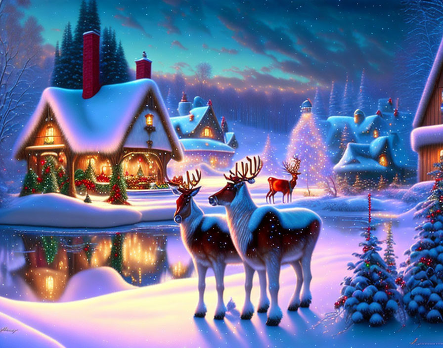 Snowy Winter Night: Cozy Cottage, Reindeer, Snowy Trees & Starry Sky