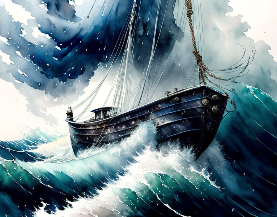 Sailing ship navigating stormy blue waves under turbulent sky