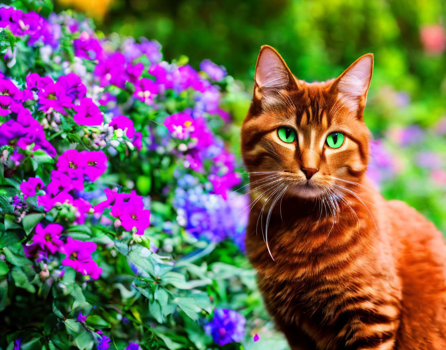 Ginger Cat with Green Eyes in Purple Flower Garden