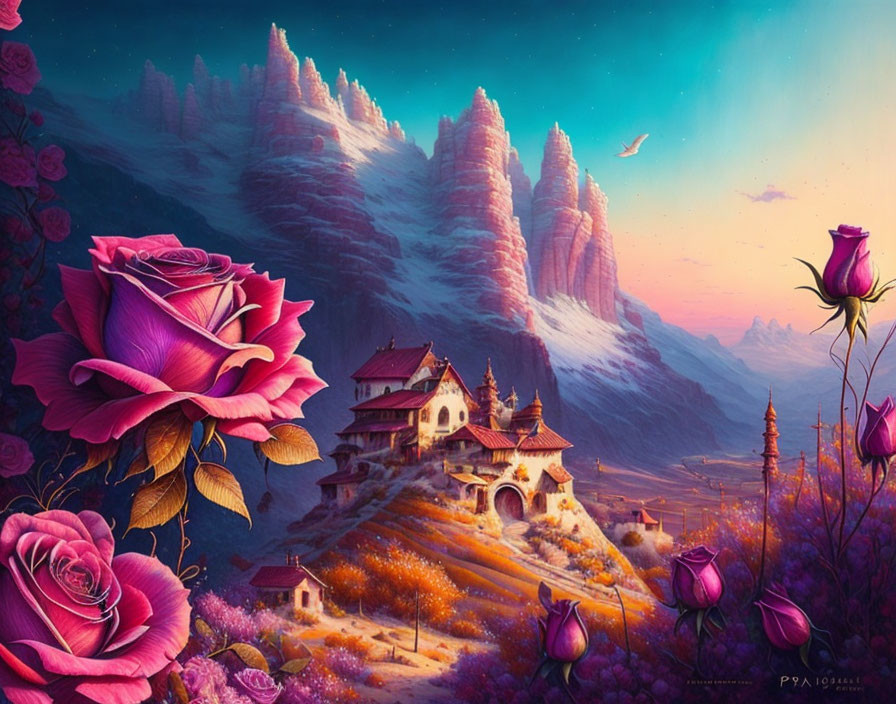 Fantasy landscape with castle, pink mountains, sunset sky, and oversized roses