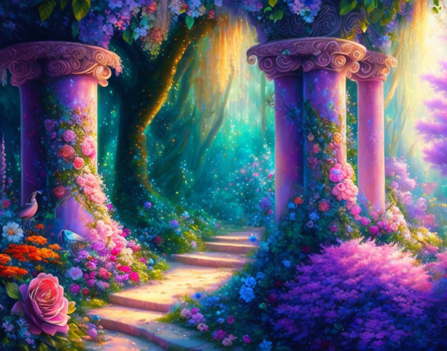 Enchanting forest pathway with flower-covered pillars amid ethereal light