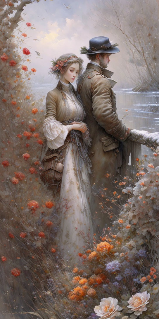 Romantic painting of couple in white dress and hat surrounded by blooming flowers